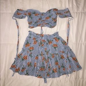 shein blue floral off the shoulder/skirt two piece